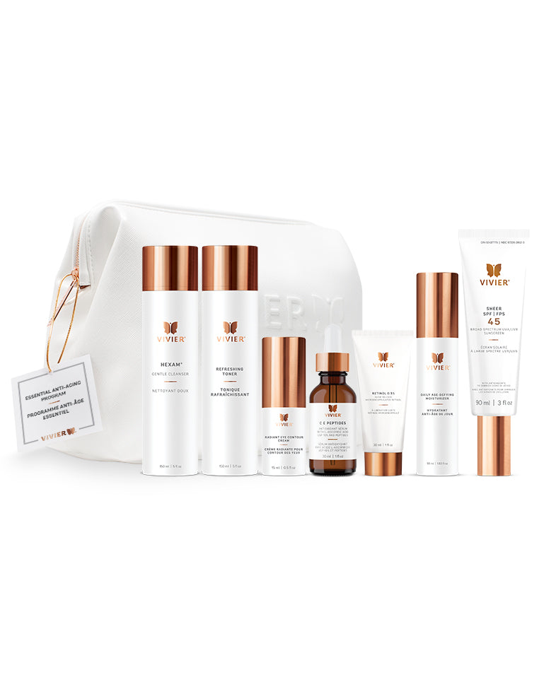 Vivier Essential Anti-Aging Program – 6-step skincare system to reduce wrinkles, firm skin, and restore youthful radiance. Available at Skin Boutique Online.