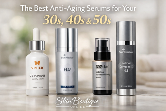 Skin Boutique Online guide to the best anti-aging serums for your 30s, 40s, and 50s featuring SkinMedica, Vivier, and PCA Skin serums