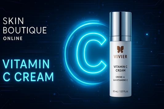Futuristic digital banner showcasing Vivier Vitamin C Cream with glowing neon blue tech background for Skin Boutique Online