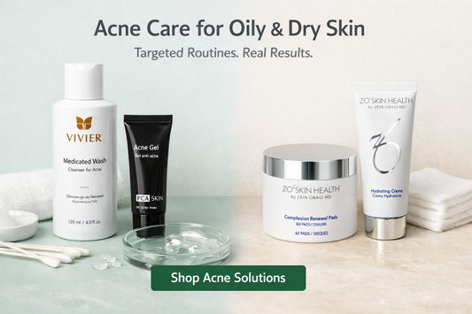 Acne skincare routine for oily and dry skin featuring Vivier, PCA Skin, and ZO Skin Health products from Skin Boutique Online