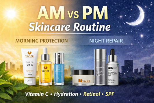 AM vs PM skincare routine showing morning protection with vitamin C serum, hyaluronic acid, and sunscreen, and night repair with retinol and moisturizer using medical-grade products from Skin Boutique Online