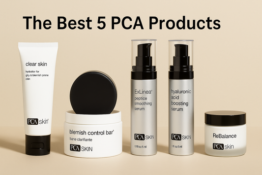 Top 5 PCA Skin Products – Clear Skin, Blemish Control Bar, ExLinea Peptide Smoothing Serum, Hyaluronic Acid Boosting Serum, and ReBalance displayed on a clean neutral background for skincare blog.”