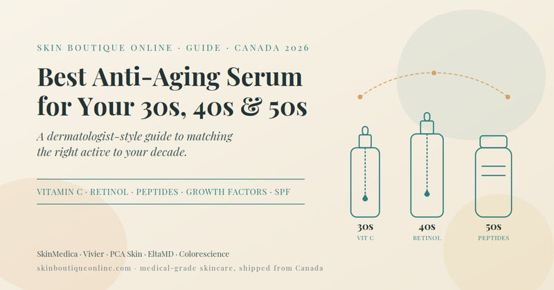 Best anti-aging serum for your 30s, 40s and 50s – line illustration of three serum bottles labelled by decade, Canada guide