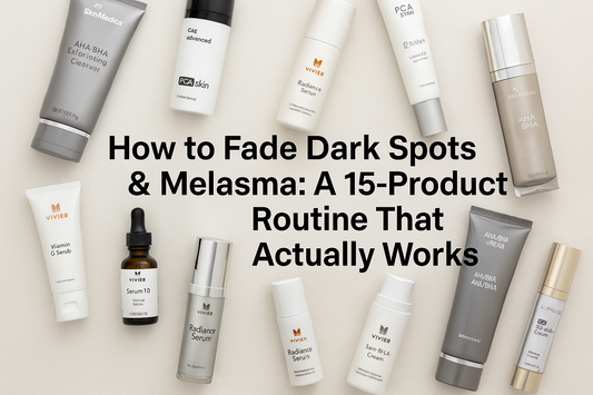 Flat lay of medical-grade skincare products from Skin Boutique with bold text that reads “How to Fade Dark Spots & Melasma: A 15-Product Routine That Actually Works” and a call to action to shop the routine now.