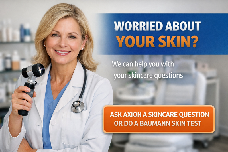 Photorealistic dermatologist holding a dermatoscope with CTA asking “Worried about your skin?” and promoting AI skincare advice and Baumann skin test from Skin Boutique Online