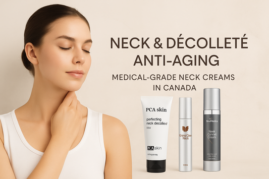 Person gently touching their neck beside elegant skincare bottles with text about neck and décolleté anti-aging and medical-grade neck creams in Canada.