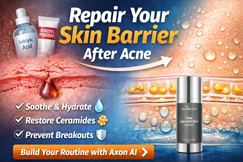 Photorealistic image showing damaged acne-prone skin transitioning to healthy hydrated skin, promoting how to repair skin barrier after acne using medical-grade skincare and AI-powered routine builder Axon from Skin Boutique Online.