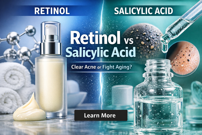 Retinol vs salicylic acid comparison showing acne treatment and anti-aging skincare benefits