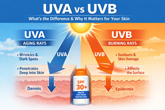 UVA vs UVB rays comparison showing how UVA causes skin aging and UVB causes sunburn, highlighting the importance of broad-spectrum sunscreen protection