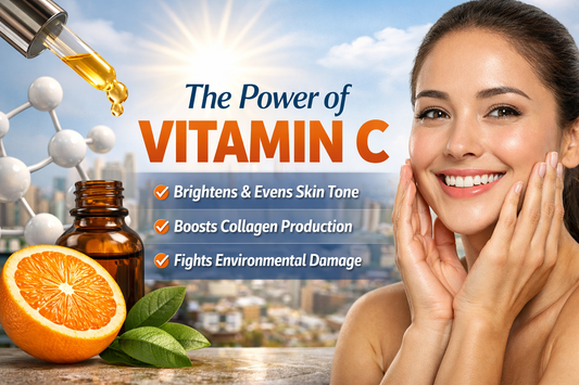 Photorealistic image of vitamin C serum dropper with orange slice and glowing skin model illustrating brightening and collagen benefits of vitamin C skincare