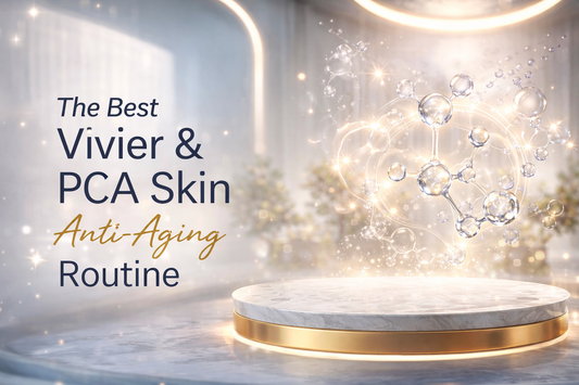 Futuristic anti-aging skincare banner featuring molecular science background and text highlighting the best Vivier and PCA Skin routine for clinical results