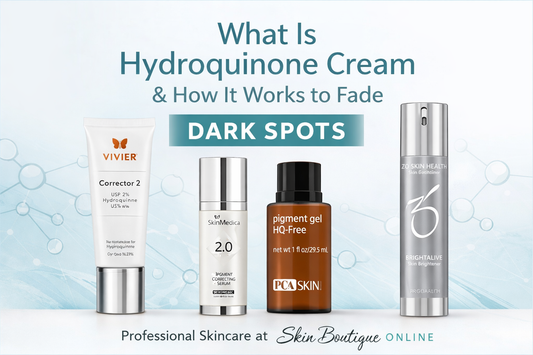 Hydroquinone cream and medical-grade skincare products from Vivier, SkinMedica, PCA Skin, and ZO Skin Health used to help fade dark spots and hyperpigmentation