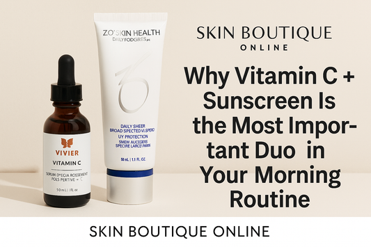 Vivier vitamin C serum and ZO Skin Health sunscreen side by side with the title “Why Vitamin C + Sunscreen Is the Most Important Duo in Your Morning Routine” for Skin Boutique Online.