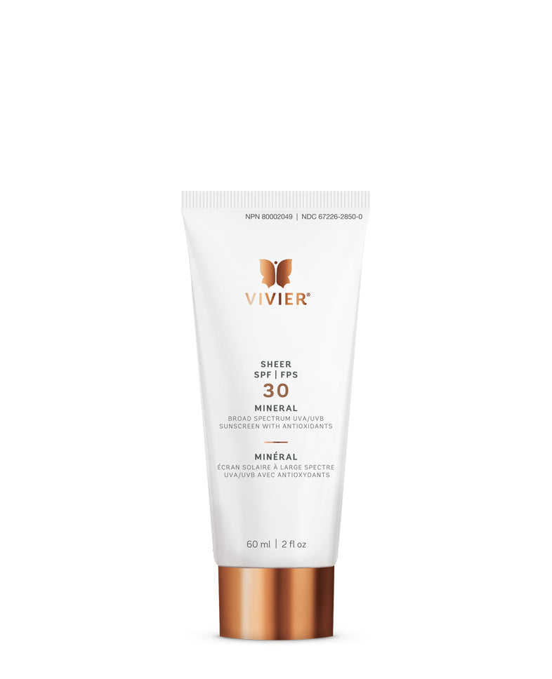 Vivier Sheer SPF 30 Mineral – Lightweight daily mineral sunscreen with Zinc Oxide and Titanium Dioxide for broad-spectrum UV protection.