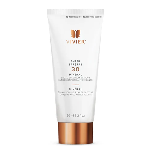 Vivier Sheer SPF 30 Mineral Tinted – lightweight broad spectrum sunscreen with a universal tint for healthy, glowing, protected skin.